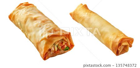 Crispy golden spring rolls with flaky texture shown isolated on white transparent background, Asian snack concept Crispy golden spring rolls with flaky texture shown isolated on white transparent background, Asian snack concept 135748372