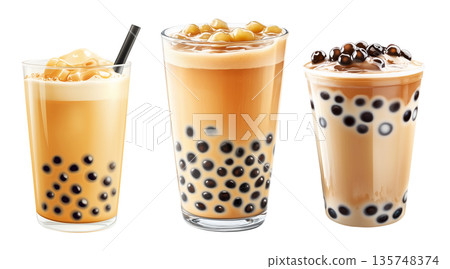Creamy bubble milk tea with tapioca pearls in glass cup, isolated on white transparent background 135748374