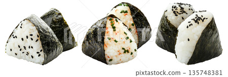 Japanese salmon onigiri rice ball wrapped in nori seaweed, isolated on white background, Asian cuisine concept 135748381