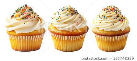 Vanilla cupcake topped with creamy white frosting and colorful sprinkles, isolated on white transparent background Vanilla cupcake topped with creamy white frosting and colorful sprinkles, isolated on white transparent background 135748389
