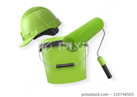 Construction helmet, paint roller, brush and paint bucket isolated on white background, representing painting and renovation tools Construction helmet, paint roller, brush and paint bucket isolated on white background, representing painting and renovation tools 135748503