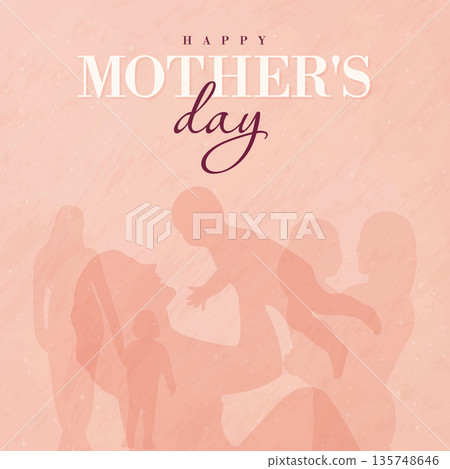 Happy Mothers Day poster with mother and child silhouettes in peach pink colors for greeting card. Happy Mothers Day poster with mother and child silhouettes in peach pink colors for greeting card. 135748646