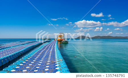 Stunning seascape of Koh Samed island with speedboats and traditional long-tail boats on vibrant turquoise waters under a clear blue sky Stunning seascape of Koh Samed island with speedboats and traditional long-tail boats on vibrant turquoise waters under a clear blue sky 135748791