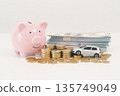 Pink piggy bank with stacked coins, toy car and bundle of dollar bills on white background, representing car savings, down payment cash, auto loan budgeting and purchase planning goals. 135749049
