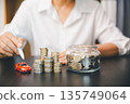 Person planning car budget with stacked coins, savings jar and toy car on desk with copy space, highlighting down payment goals, auto loan planning and smart personal finance management. 135749064