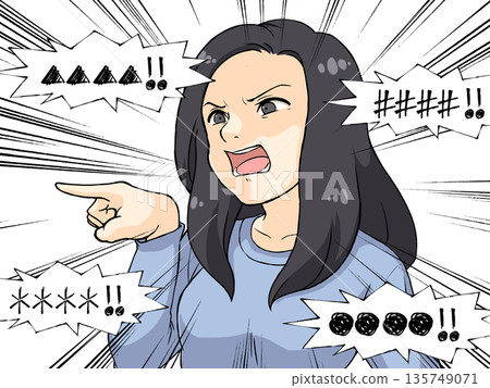 Anime-style illustration of an angry woman pointing her finger 135749071