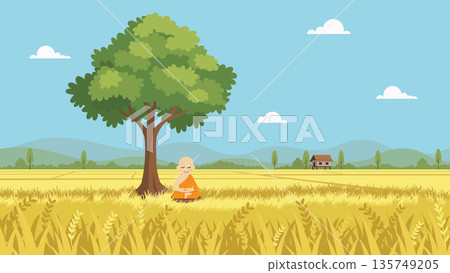 Spiritual Landscape with Meditating Monk Under a Tree in Rural Thailand flat design. Spiritual Landscape with Meditating Monk Under a Tree in Rural Thailand flat design. 135749205