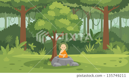 Buddhist Monk Meditating in a Lush Jungle.A tranquil 2D flat design illustration featuring a young Buddhist monk in orange saffron robes meditating with a glowing halo. Buddhist Monk Meditating in a Lush Jungle.A tranquil 2D flat design illustration featuring a young Buddhist monk in orange saffron robes meditating with a glowing halo. 135749211