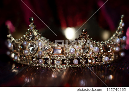 Golden crown with crystals, diamonds on dark red sparkle background. 135749265