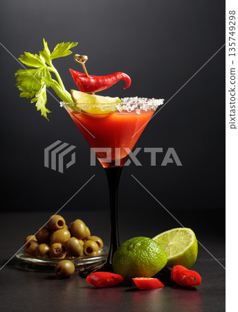 Bloody Mary cocktail with celery, lime, red pepper, and green olives. Bloody Mary cocktail with celery, lime, red pepper, and green olives. 135749298