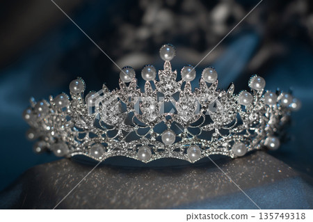 Pearl crown, royal golden diadem on grey background. Jewelry. 135749318