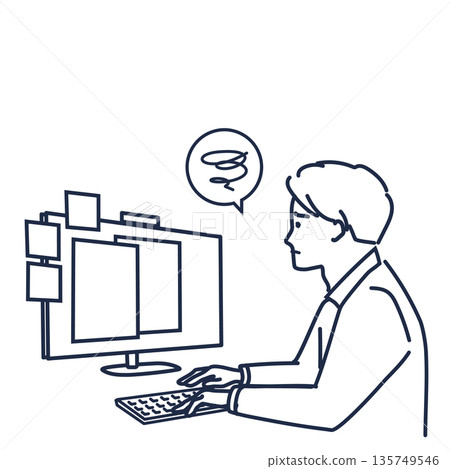 A man preparing a line drawing on a computer before a meeting (worried) A man preparing a line drawing on a computer before a meeting (worried) 135749546