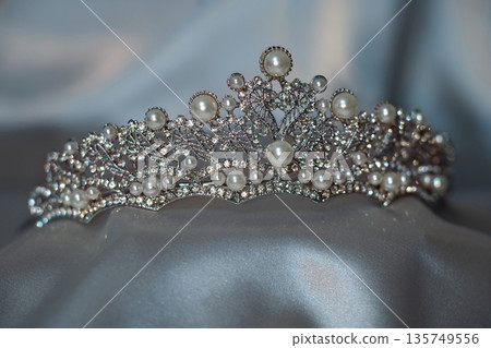 Royal pearl and diamond diadem, luxury crown. 135749556