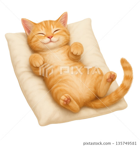 Relaxed illustration of a brown tabby kitten sleeping on its back Relaxed illustration of a brown tabby kitten sleeping on its back 135749581