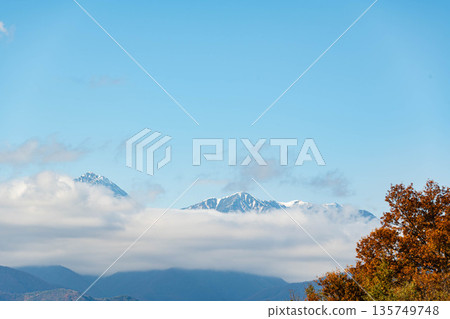雲霧繚繞的北阿爾卑斯山和秋葉。 雲霧繚繞的北阿爾卑斯山和秋葉。 135749748