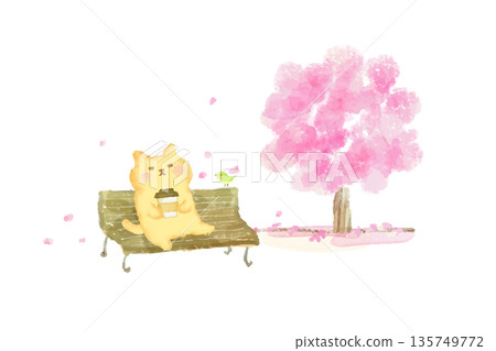 水彩插畫,一隻可愛的貓咪在長椅上欣賞櫻花。 水彩插畫,一隻可愛的貓咪在長椅上欣賞櫻花。 135749772