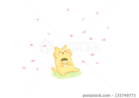 Watercolor illustration of a cute cat enjoying spring with cherry blossom petals 135749773