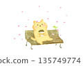 Watercolor illustration of a cute cat enjoying spring with cherry blossom petals 135749774