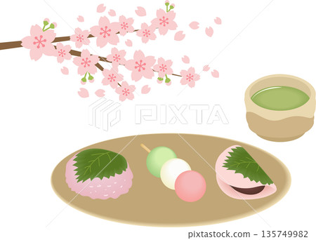 櫻花、日式點心和抹茶 櫻花、日式點心和抹茶 135749982