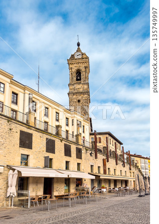 Historic street in Vitoria-Gasteiz old town with traditional Basque architecture, stone buildings Historic street in Vitoria-Gasteiz old town with traditional Basque architecture, stone buildings 135749997