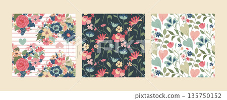 Set of three vector floral seamless patterns. A colorful endless pattern of flowers and plants. A Romantic collection 135750152