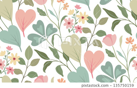 Modern vector floral seamless pattern. A colorful endless pattern with heart shape leaves and plants. Romantic design Modern vector floral seamless pattern. A colorful endless pattern with heart shape leaves and plants. Romantic design 135750159