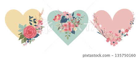 Set of three vector colorful hearts with flowers. Happy Valentine s Day greeting cards. Romantic sticker collection. 135750160