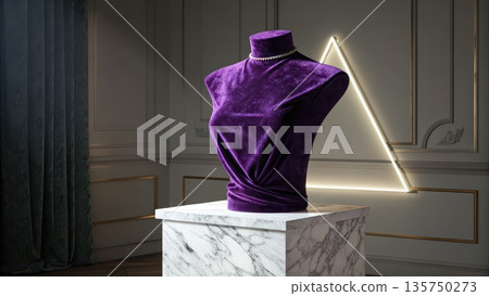 Purple velvet mannequin torso with a necklace on a marble pedestal Purple velvet mannequin torso with a necklace on a marble pedestal 135750273