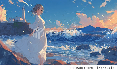 女孩望著大海中的燈塔 135750318