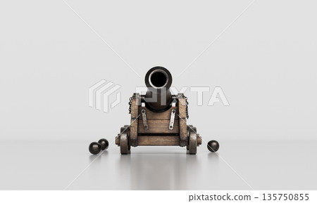 Old Medieval Cannon and Cannonballs. 3D Rendering. Old Medieval Cannon and Cannonballs. 3D Rendering. 135750855