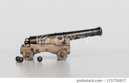 Old Medieval Cannon and Cannonballs. 3D Rendering. Old Medieval Cannon and Cannonballs. 3D Rendering. 135750857