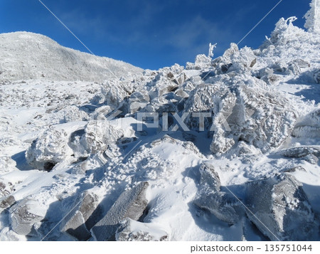 Yatsugatake in the depths of winter (rocks covered in frost on the hiking trail leading to Kitayokodake) 135751044