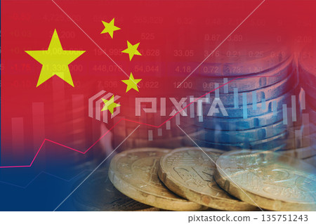 China flag on stock investment trading with coin and graph. 135751243