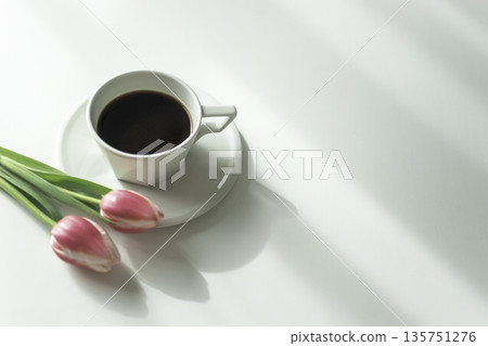 白色背景上的咖啡杯和粉紅色鬱金香。春日清晨,留白空間。白色背景上的咖啡杯和粉紅色鬱金香。 白色背景上的咖啡杯和粉紅色鬱金香。春日清晨,留白空間。白色背景上的咖啡杯和粉紅色鬱金香。 135751276