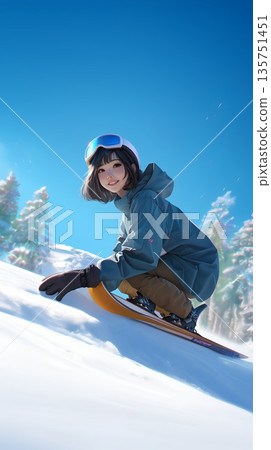 Girl enjoying snowboarding on a sunny winter day 135751451