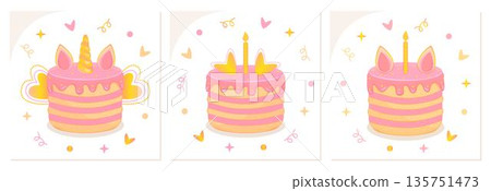 Cute birthday cake color set. Festive unicorn pie, pastry with candle and ears. Pink and yellow baked dessert with cream and confetti. Colorful vector illustration collection 135751473