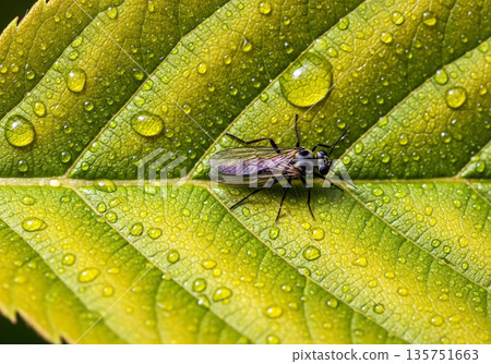 Detailed Macro Shot of a Small Black Sawfly Insect Perched on a Dewy Green Autumn Leaf with Water Droplets and Vivid Texture 135751663