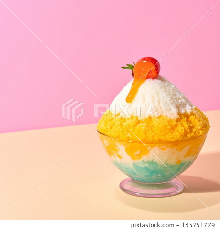 右下角擺放著一塊色彩繽紛、色調柔和的刨冰，背景是復古的粉紅彩色調。 135751779
