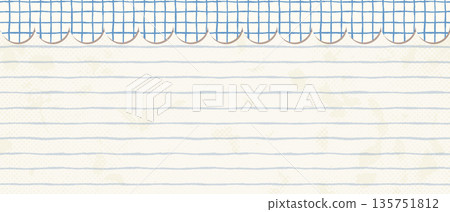 Vector lined paper and scalloped trim background, ruled notebook texture with cute checked edge for banners and school designs Vector lined paper and scalloped trim background, ruled notebook texture with cute checked edge for banners and school designs 135751812