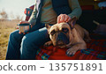 A Cozy Moment of Connection: A Person Seated in Nature Enjoys a Warm Drink While Pampering Their Beloved French Bulldog by Their Side on a Peaceful Day Outdoors 135751891