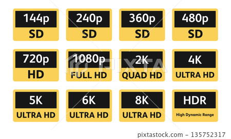 Video Resolution Labels Set from SD to 8K and HDR Icons Video Resolution Labels Set from SD to 8K and HDR Icons 135752317
