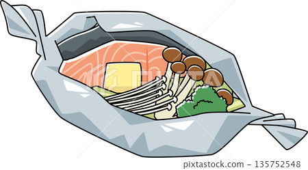 Grilled salmon wrapped in foil with plenty of vegetables 135752548