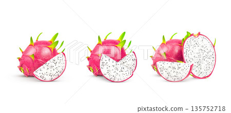 Collection dragon fruit, pitaya isolated on white background with clipping path. Cut white fleshed pitaya fruit isolated on white background. Fresh organic dragon fruit from the garden. food concept. 135752718