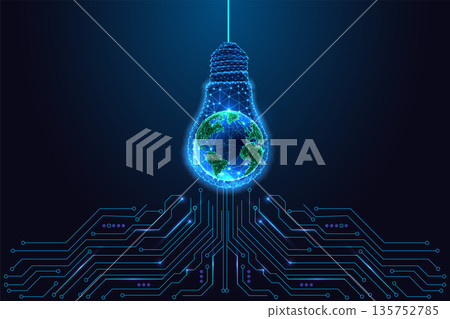 Glowing Earth inside lightbulb on circuit board, concept of Earth Hour and sustainable AI energy  135752785