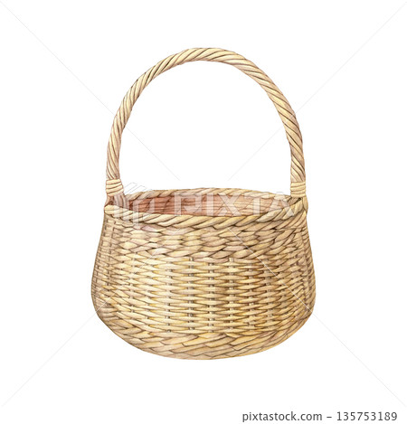 Watercolor illustration of a woven wicker basket with handle, realistic hand-painted style, suitable for packaging, home decor prints, kitchen labels, farm branding, and rustic design Watercolor illustration of a woven wicker basket with handle, realistic hand-painted style, suitable for packaging, home decor prints, kitchen labels, farm branding, and rustic design 135753189