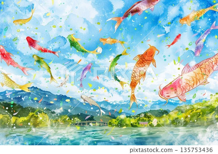 A watercolor illustration of colorful carp streamers swimming energetically in a landscape of blue sky and fresh greenery. 135753436