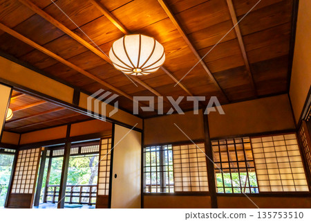 京都禦所內九條家的茶室(用於茶道和詩歌聚會)一樓候客室的照明 京都禦所內九條家的茶室(用於茶道和詩歌聚會)一樓候客室的照明 135753510