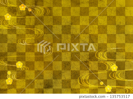 Flowing plum blossoms and checkered pattern, watercolor Japanese background on gold washi paper Flowing plum blossoms and checkered pattern, watercolor Japanese background on gold washi paper 135753517