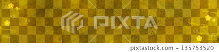 飄逸的梅花和方格圖案,金色日本紙水彩背景,橫幅 飄逸的梅花和方格圖案,金色日本紙水彩背景,橫幅 135753520