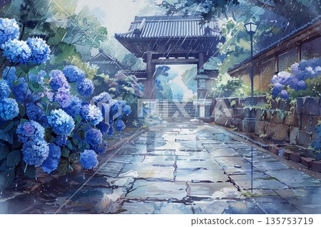 一幅水彩插畫,描繪了雨季裡,鵝卵石路上盛開著美麗而富有詩意的繡球花,這條路通往一座古老的寺廟。 一幅水彩插畫,描繪了雨季裡,鵝卵石路上盛開著美麗而富有詩意的繡球花,這條路通往一座古老的寺廟。 135753719